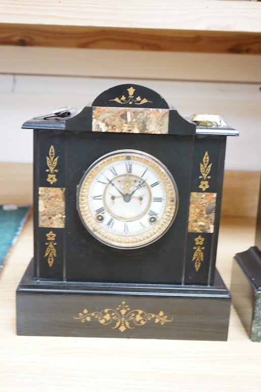 Two Victorian slate mantel clocks, each with pendulum and key, largest 35cm high. Condition - fair to good, untested